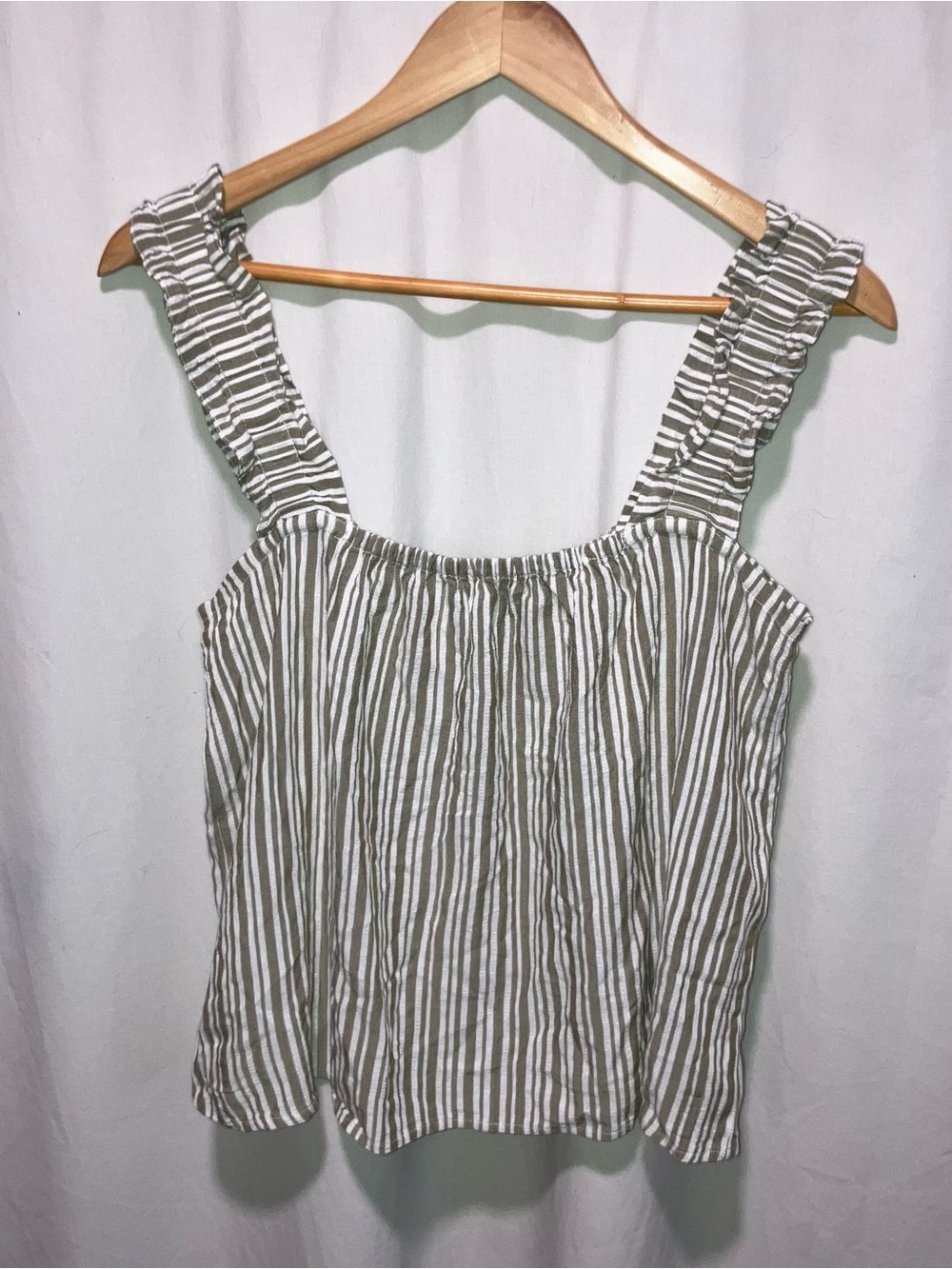 Striped Ruffle Strap Tank Top - White & Olive
